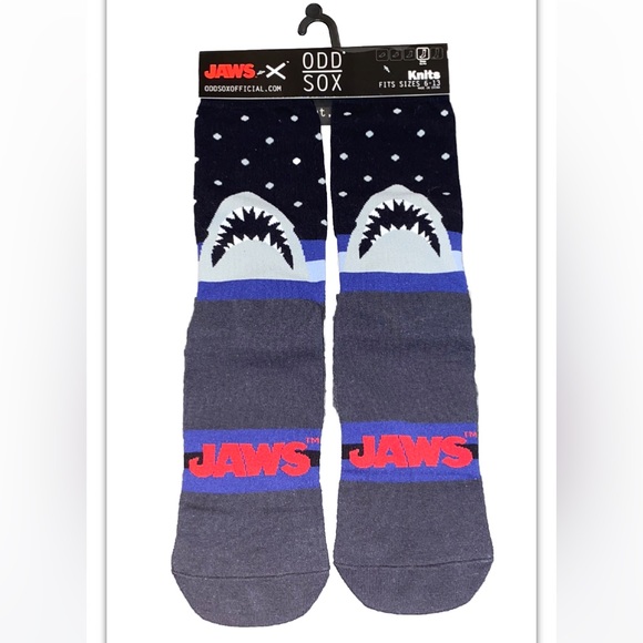 Jaws Crew Socks 1 Pair Men’s 6-13 Blue Gray Red Spielberg Film Shark Horror NEW! - Picture 1 of 6